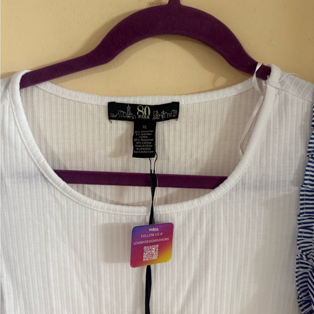 White and Blue Striped Ruffle Sleeve Top - Picture 3 of 9